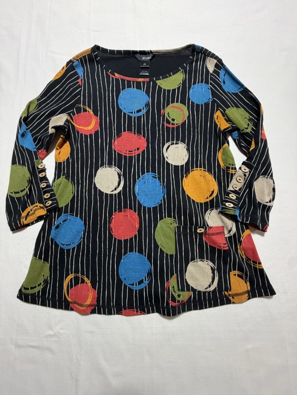 Ali Miles Artsy Abstract Polka Dot Pinstripe Tunic Top Size S Lagenlook Artsy